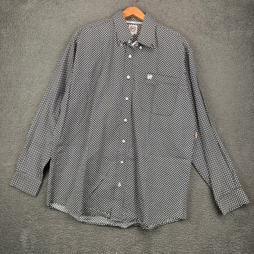 Cinch Mens Medium Long Sleeve Button Down‎ Shirt Black White Geometric Print